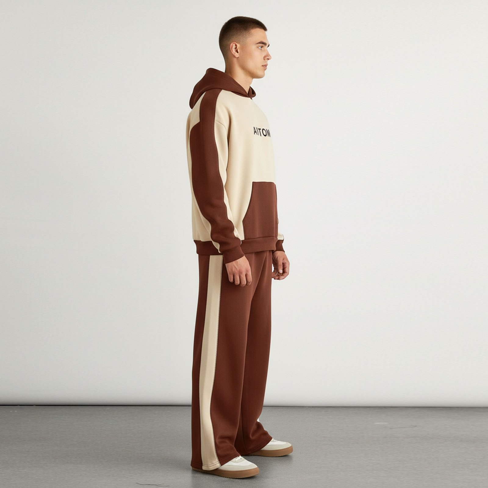 Contrast Color Block Hooded Tracksuit – Mocha Brown and Beige Comfort Set - Image 2