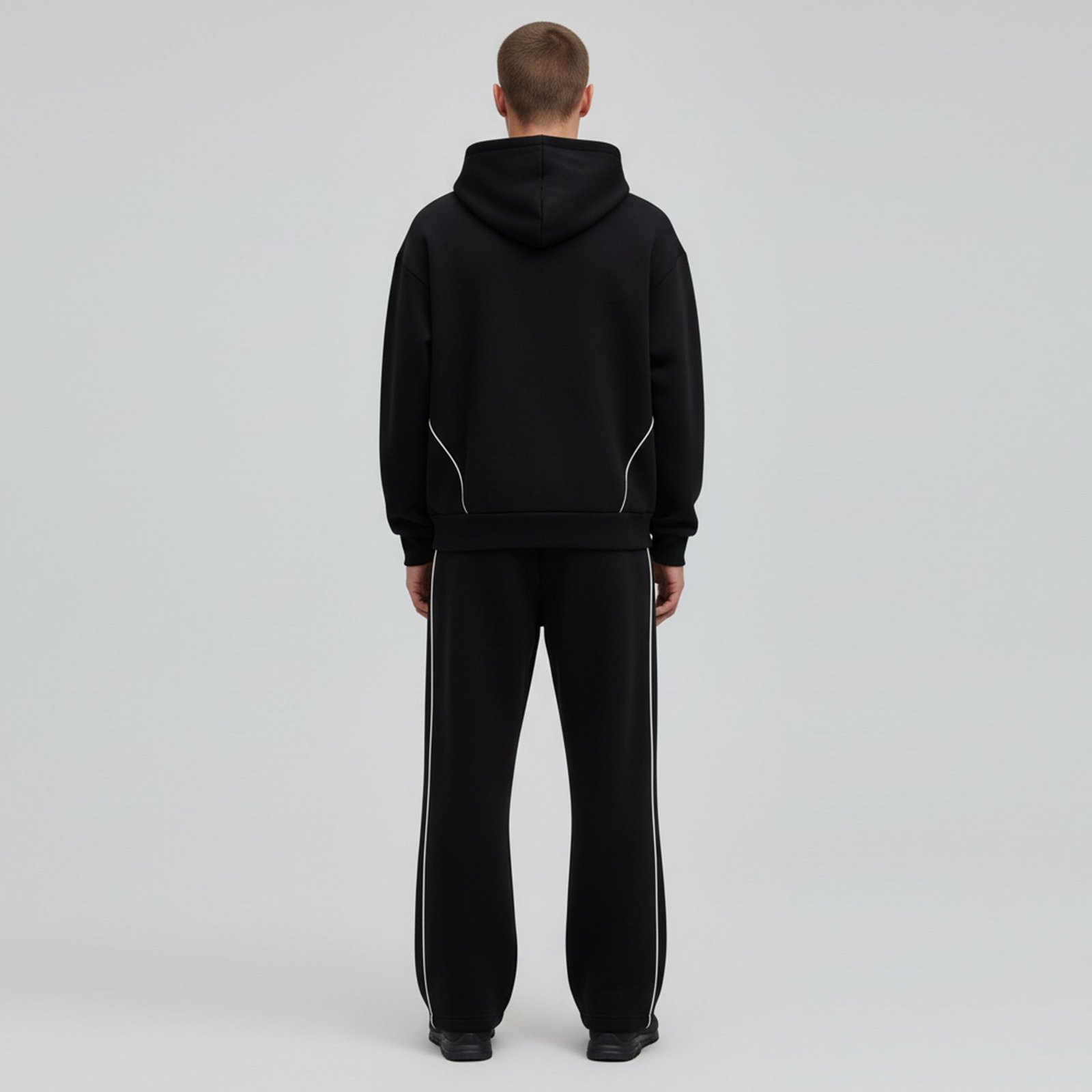 Sleek Black Drop-Shoulder Hooded Tracksuit with White Piped Contrast - Image 3