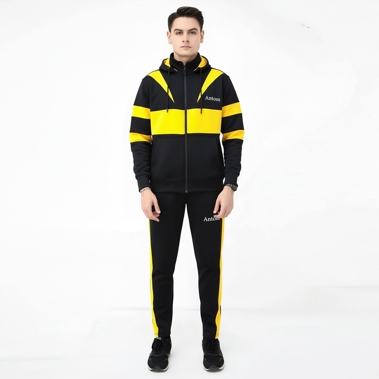 High-Visibility Black and Yellow Color Block Performance Tracksuit Set