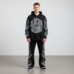 Aggressive Flame Graphic Oversized Tracksuit – Black and Grey Statement Set