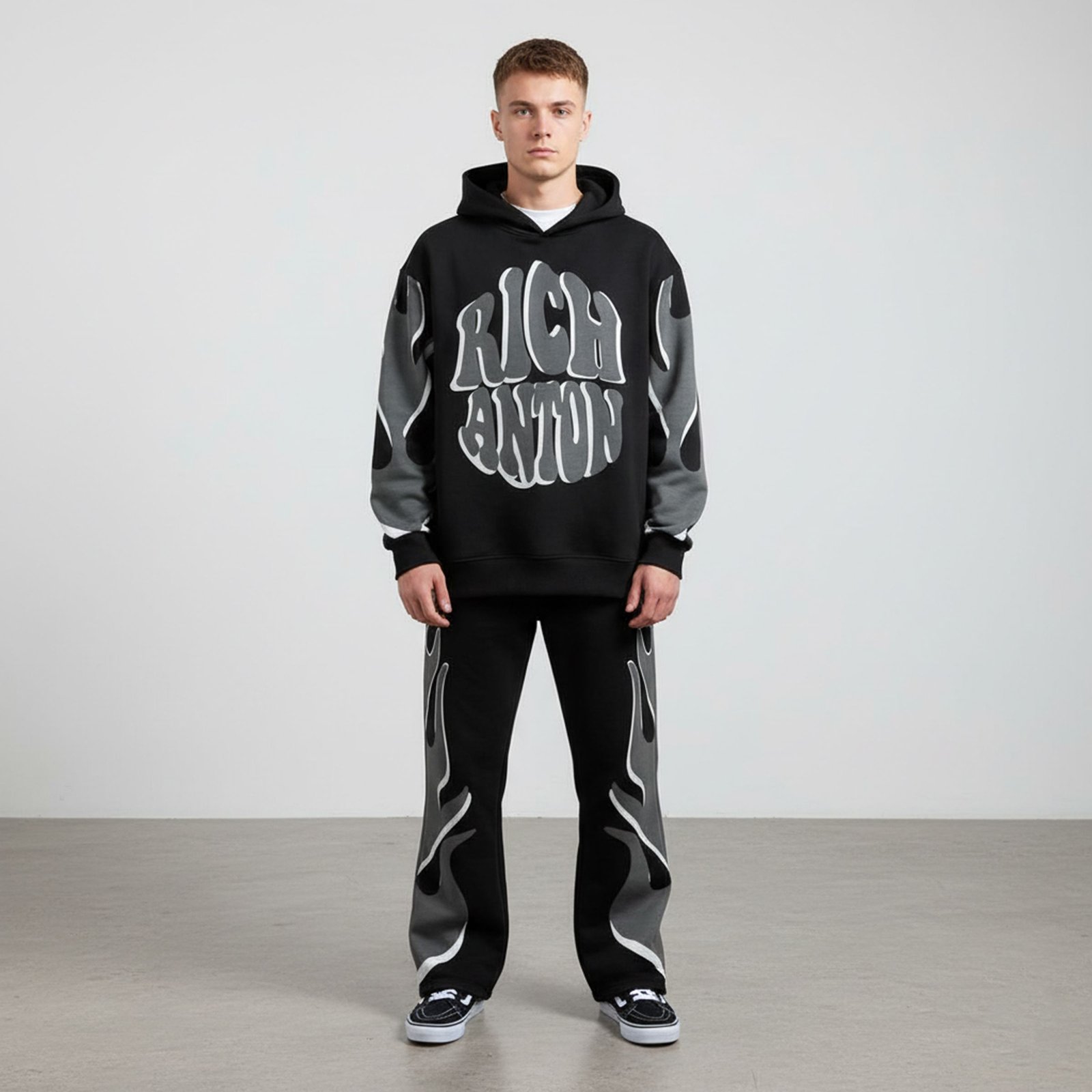 Aggressive Flame Graphic Oversized Tracksuit – Black and Grey Statement Set