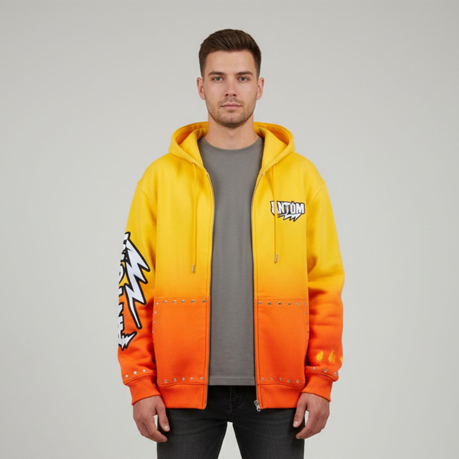Ombre Sunset Yellow and Orange Full-Zip Hoodie with Studded Pockets and Graphic Sleeves