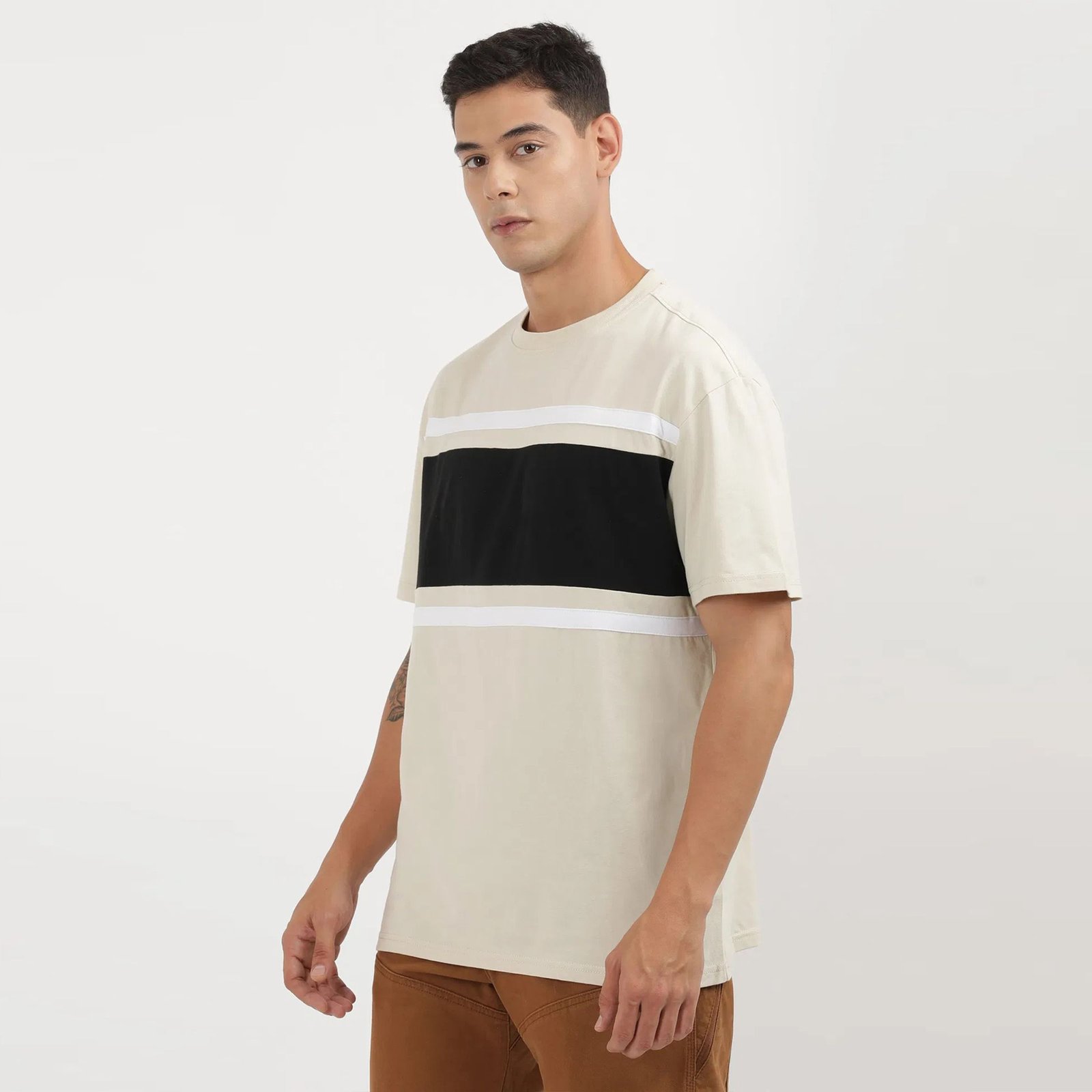 Men's Beige Cotton T-Shirt with Horizontal Black and White Chest Block - Image 3
