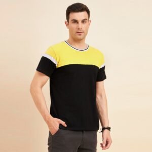 Contrast Panel Black and Yellow Cotton T-Shirt with White Piping Detail