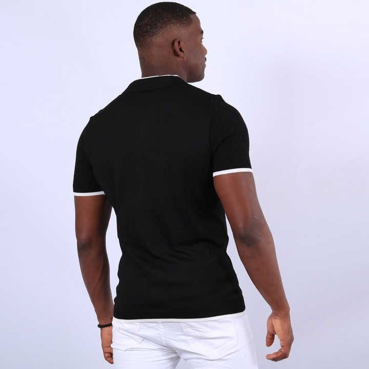 Men's Ribbed Black Polo T-Shirt with Crisp White Collar Trim - Image 2