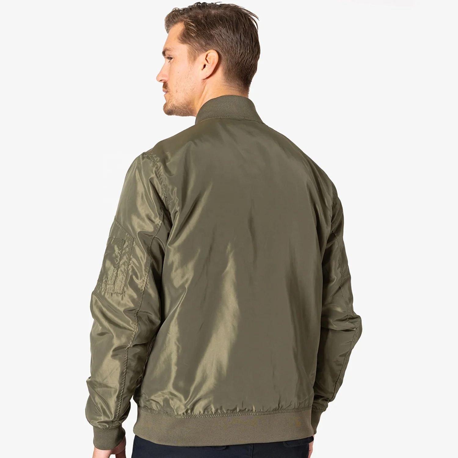 Men's Olive Green Shiny Pilot Bomber Jacket with Zip Utility Pockets - Image 3