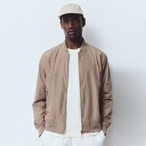 Minimalist Men's Tan Lightweight Bomber Jacket – Essential Everyday Zip-Up