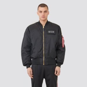 Black MA-1 Style Bomber Jacket with Gold Zip and Signature Red Flight Tag