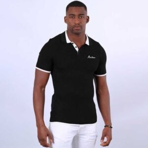 Men's Ribbed Black Polo T-Shirt with Crisp White Collar Trim