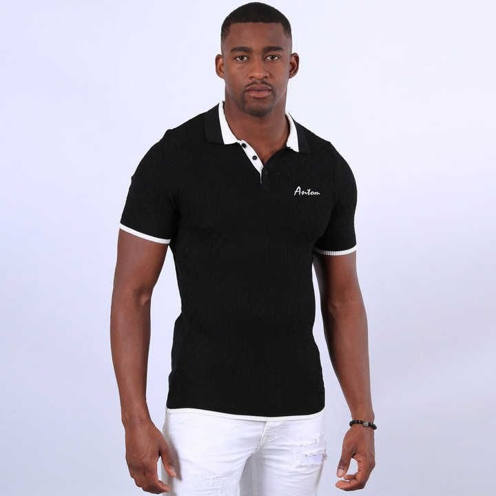 Men's Ribbed Black Polo T-Shirt with Crisp White Collar Trim
