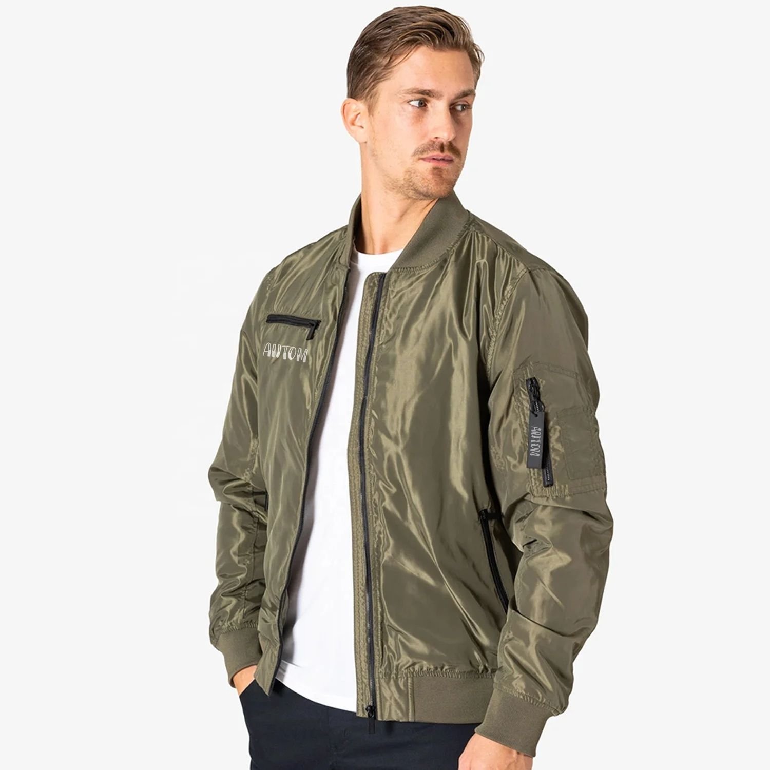 Men's Olive Green Shiny Pilot Bomber Jacket with Zip Utility Pockets