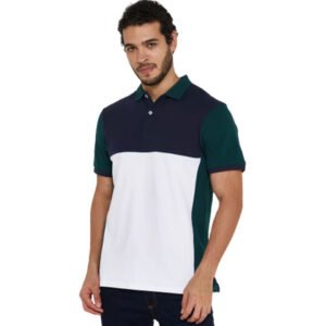 Sharp Tri-Colour Block Polo Shirt – Navy, White, and Dark Green Contrast