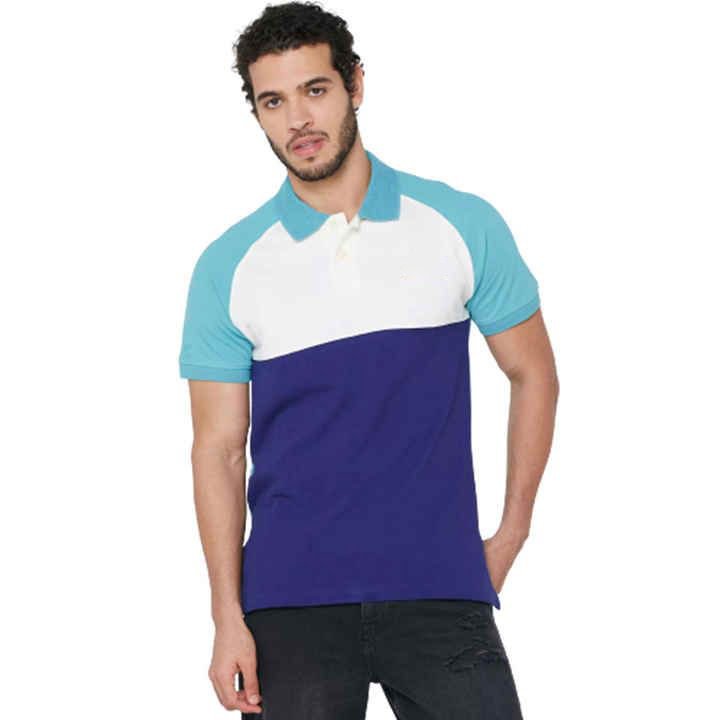Bold Colour Block Polo T-Shirt – White, Aqua, and Blue Tri-Panel Design