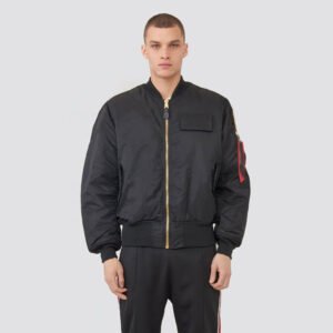 Black MA-1 Style Bomber Jacket with Gold Zip and Signature Red Flight Tag