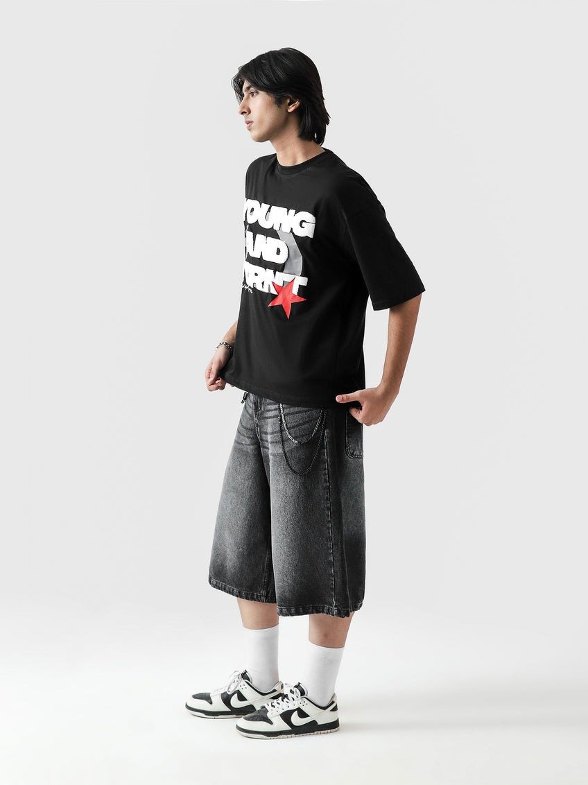 Edgy Black 'Young and Turnt' Graphic Drop Shoulder T-Shirt – Boxy Fit Streetwear - Image 2