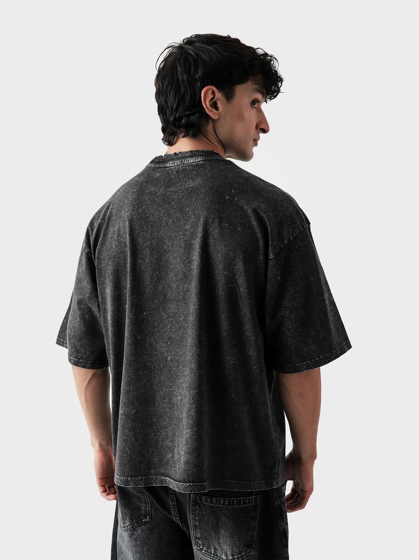 Oversized Acid Wash Black Drop Shoulder T-Shirt with 'Rebirth' Graphic Print - Image 3