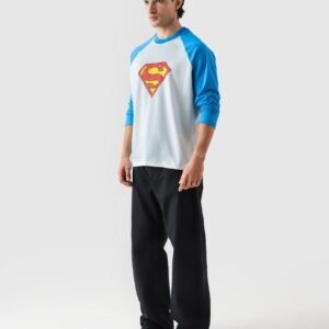 Loose Fit DC Comics Superman Baseball Tee – Three-Quarter Sleeve Drop Shirt