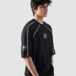 Unisex Black Technical T-Shirt with Contrast White Piping and Raglan Sleeves