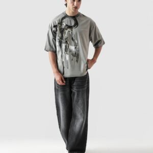 Washed Grey Oversized Drop Shirt with Gothic Cyberpunk Graphic Print