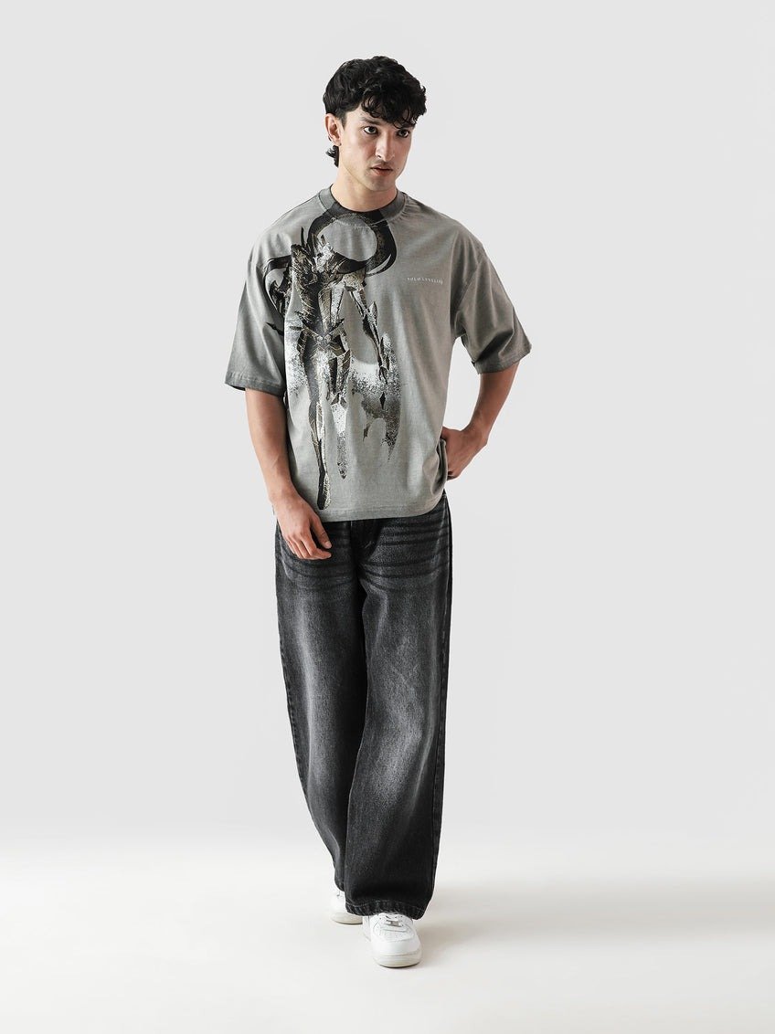 Washed Grey Oversized Drop Shirt with Gothic Cyberpunk Graphic Print