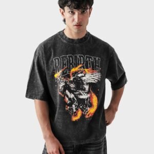 Oversized Acid Wash Black Drop Shoulder T-Shirt with 'Rebirth' Graphic Print