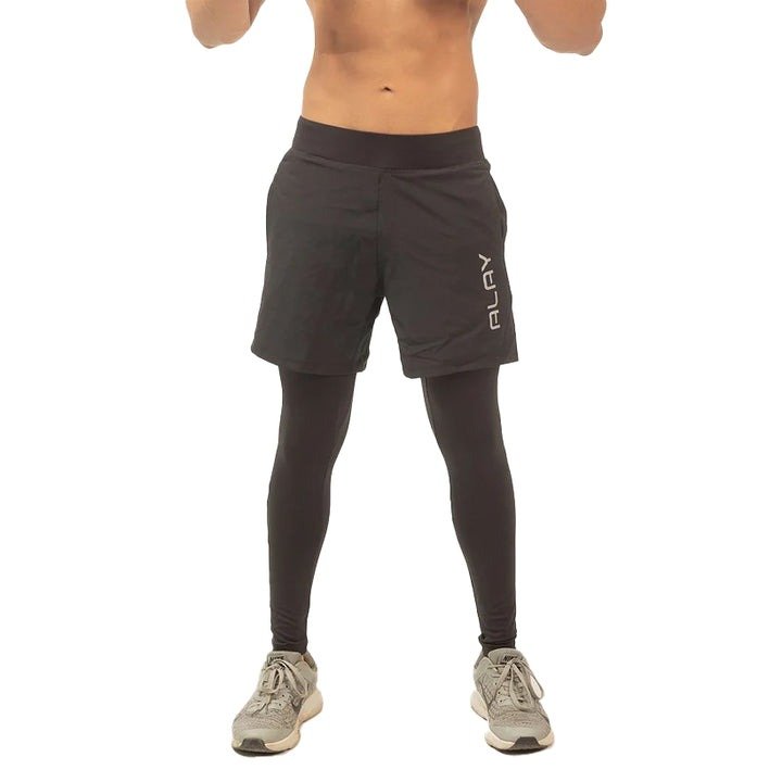 Men's Black 2-in-1 Running and Training Shorts with Built-in Compression Tights