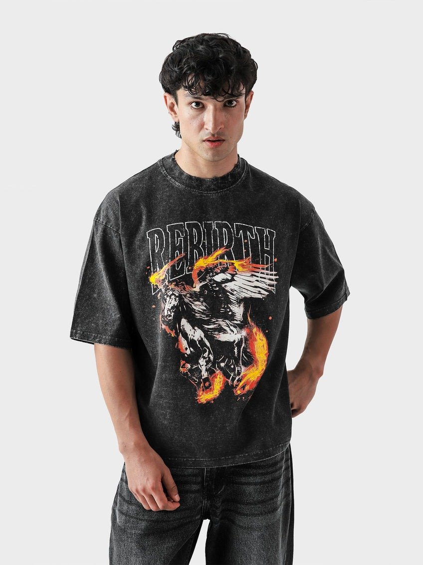 Oversized Acid Wash Black Drop Shoulder T-Shirt with 'Rebirth' Graphic Print