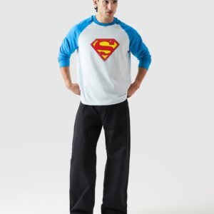 Loose Fit DC Comics Superman Baseball Tee – Three-Quarter Sleeve Drop Shirt