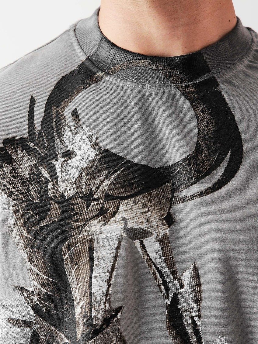 Washed Grey Oversized Drop Shirt with Gothic Cyberpunk Graphic Print - Image 3