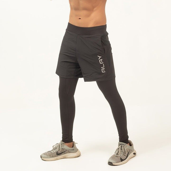 Men's Black 2-in-1 Running and Training Shorts with Built-in Compression Tights - Image 2