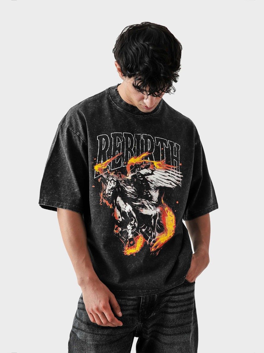 Oversized Acid Wash Black Drop Shoulder T-Shirt with 'Rebirth' Graphic Print - Image 2