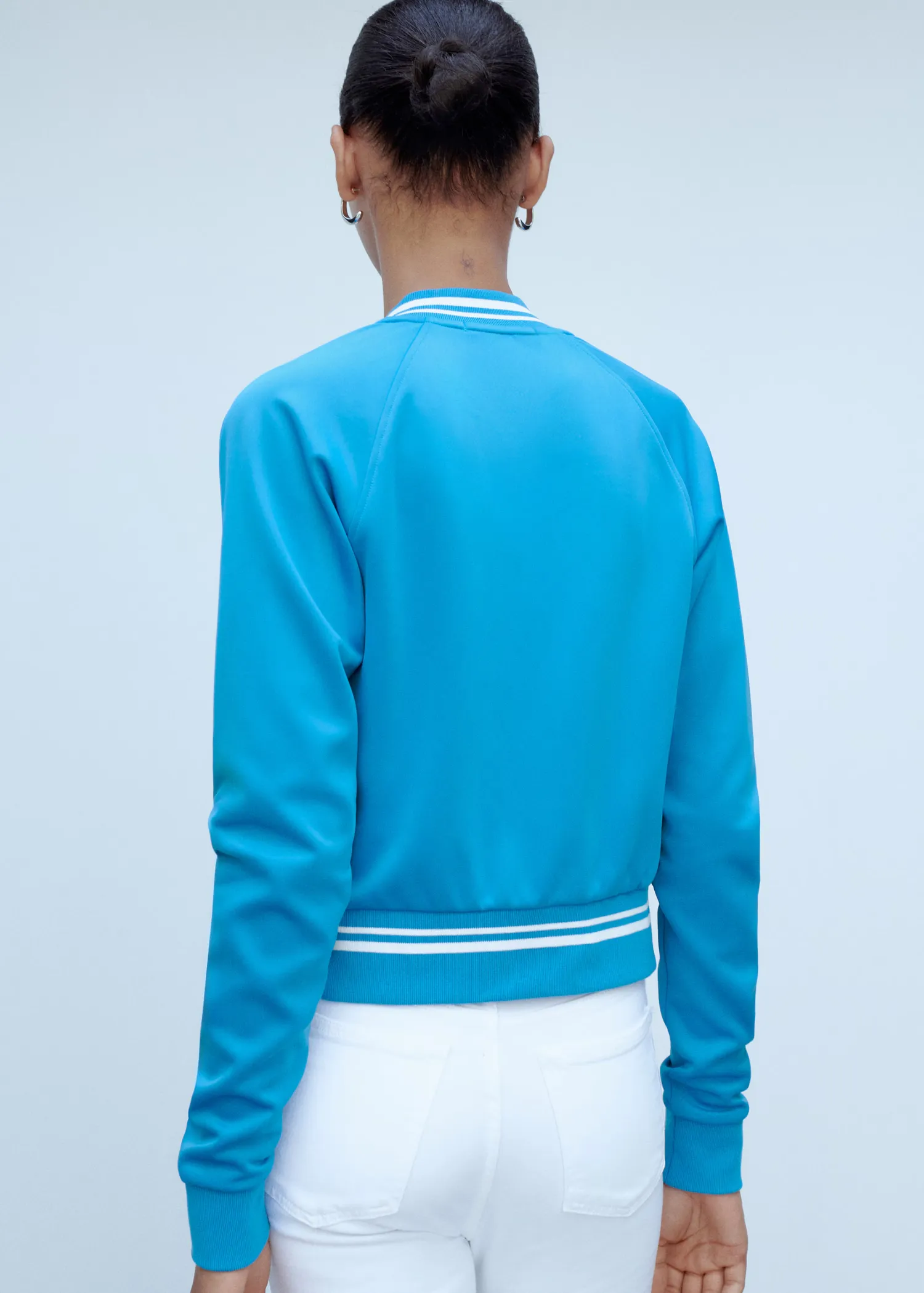 Sleek Sky Blue Bomber Jacket – Contrast White Ribbed Collar and Silver Zip - Image 2