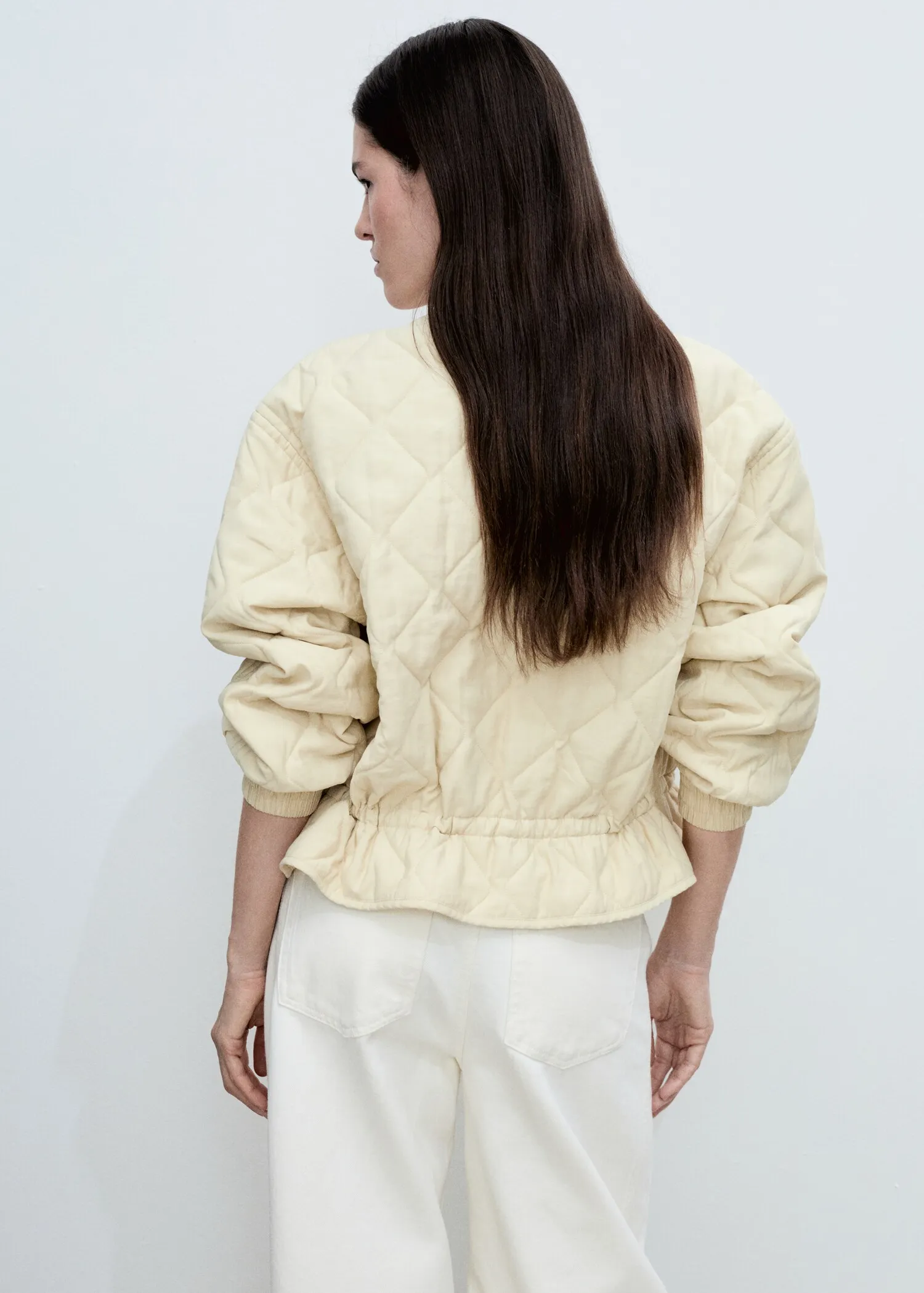 Elegant Cream Quilted Bomber Jacket – Luxe Texture and Classic Ribbed Hem - Image 2