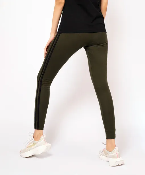Sporty Olive Green Leggings with Bold Black Double Side Stripes - Image 2