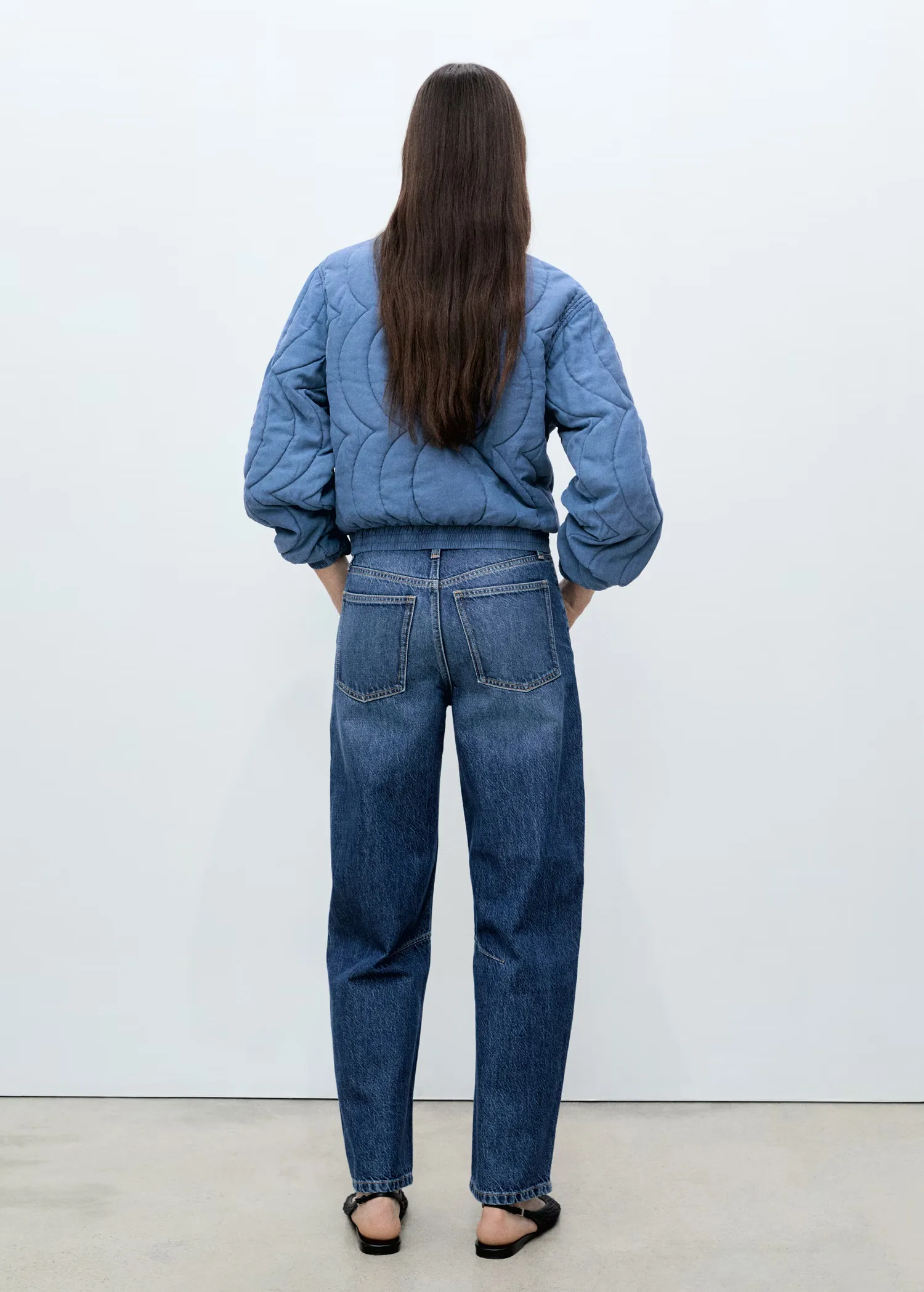 Chic Blue Quilted Bomber Jacket with Contrast Flower Appliqué - Image 3