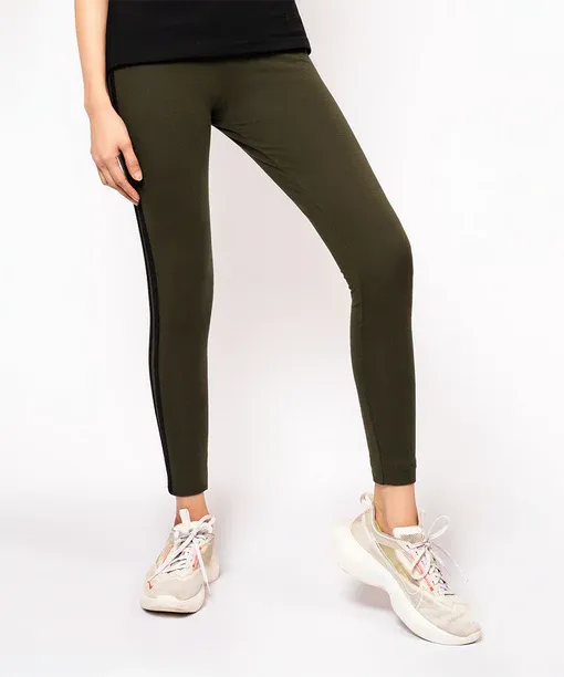 Sporty Olive Green Leggings with Bold Black Double Side Stripes - Image 3