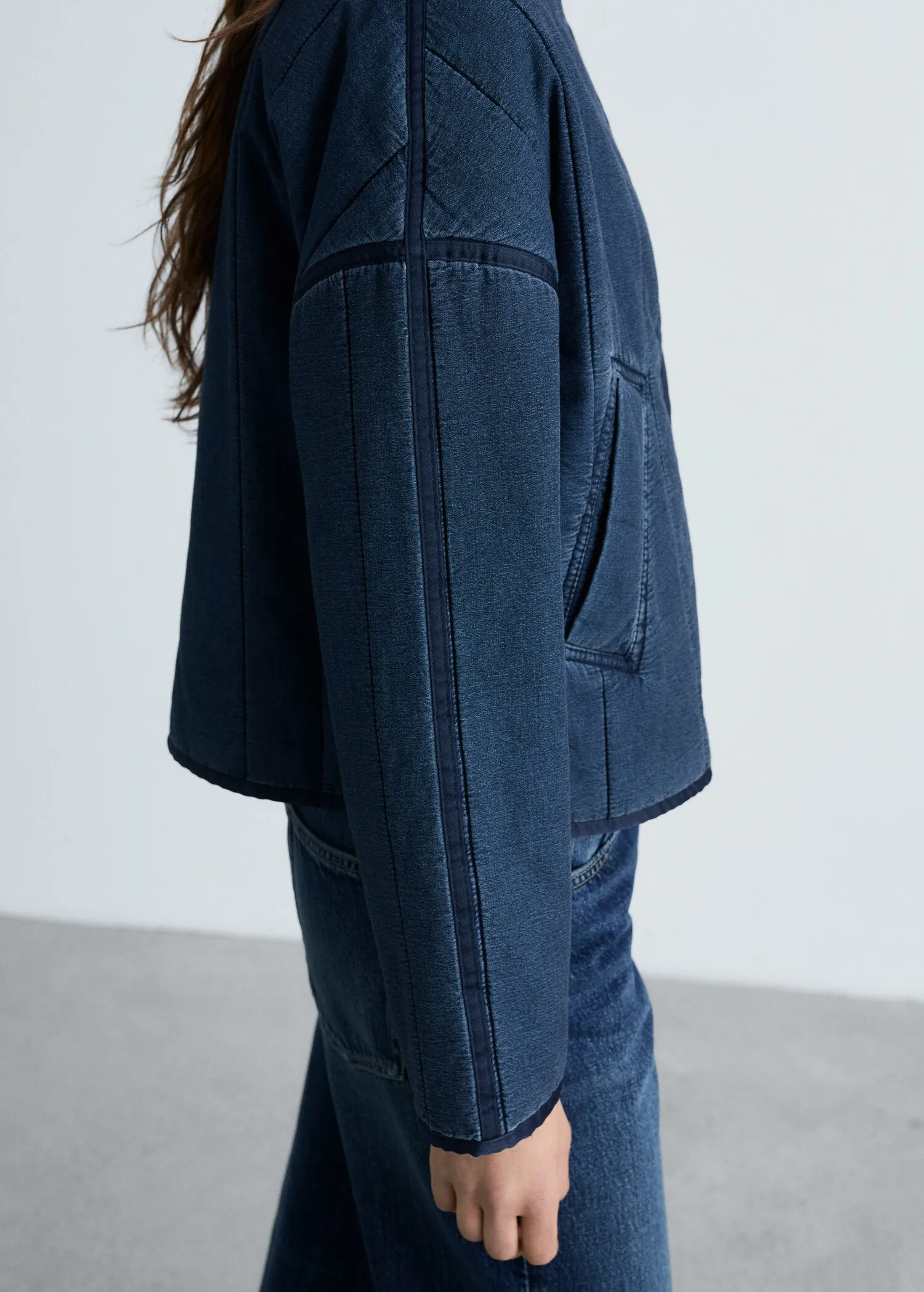 Classic Navy Blue Quilted Quilted Bomber Jacket with Uncollared Neck - Image 2