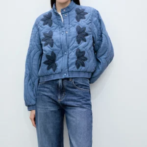 Chic Blue Quilted Bomber Jacket with Contrast Flower Appliqué