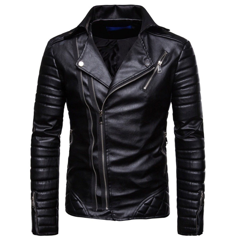 Tailored Fit Black Genuine Leather Moto Jacket with Quilted Arm Details