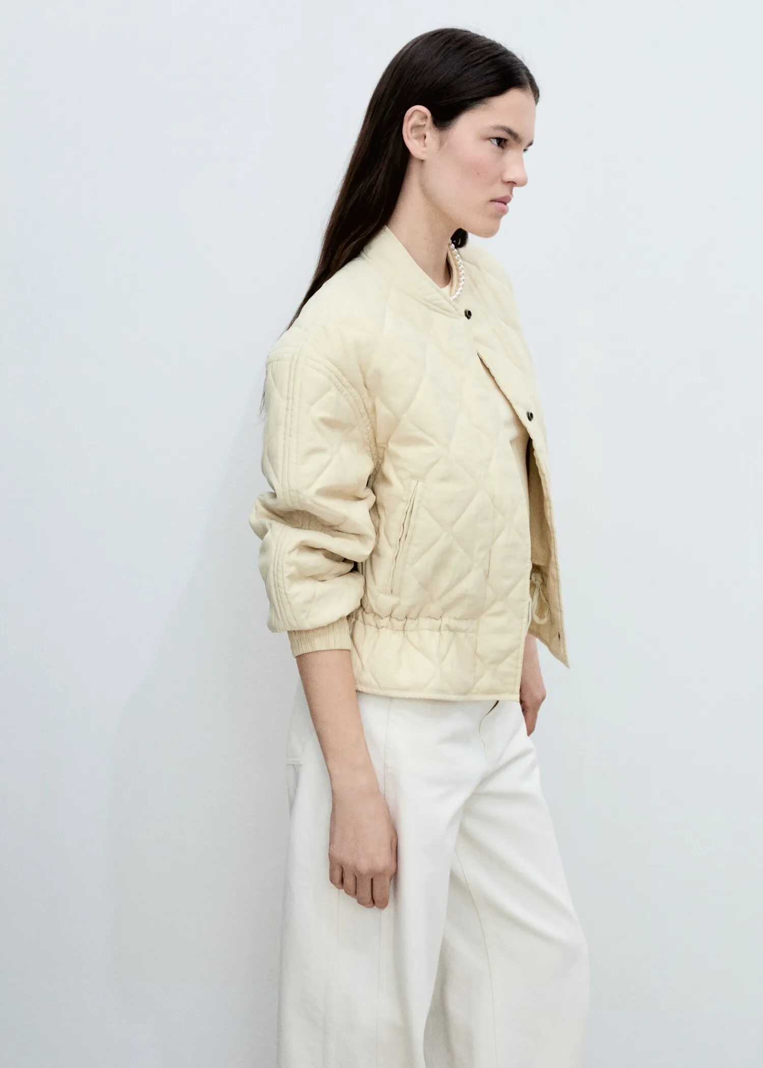Elegant Cream Quilted Bomber Jacket – Luxe Texture and Classic Ribbed Hem - Image 3