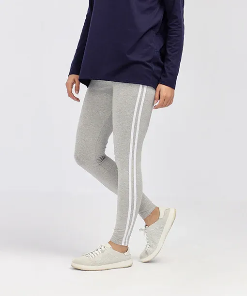 Everyday Cotton Blend Leggings – Light Grey with Classic White Sport Stripes