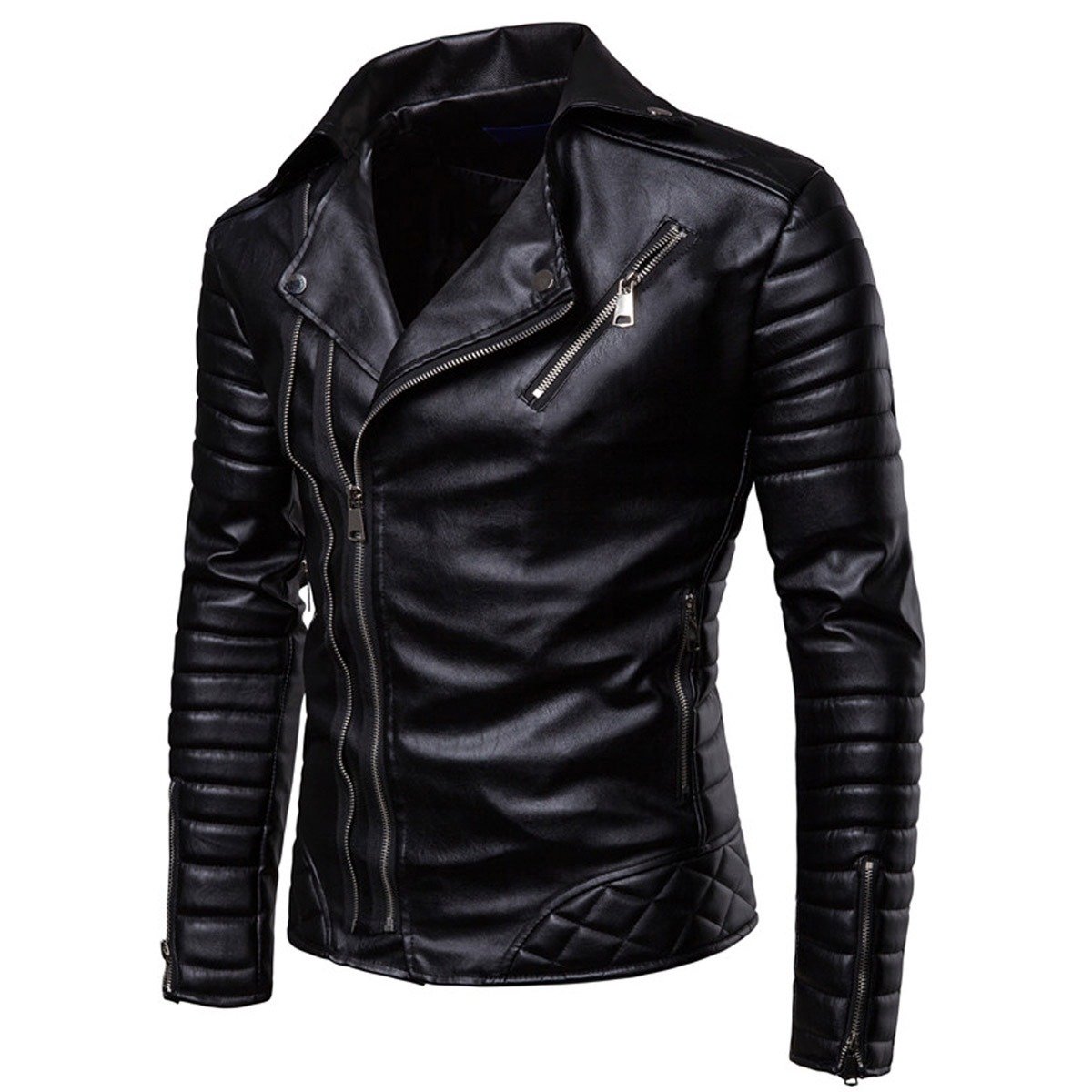Tailored Fit Black Genuine Leather Moto Jacket with Quilted Arm Details - Image 2