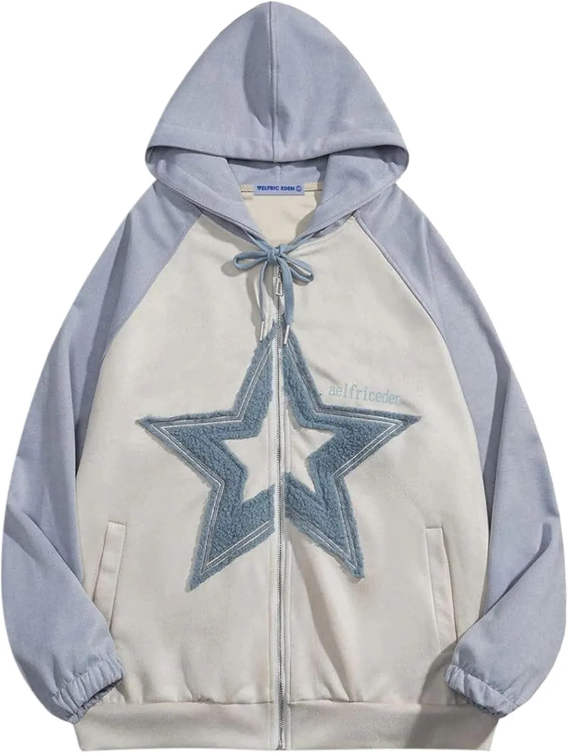 Pastel Blue Star Patchwork Zip-Up Hoodie – Oversized Streetwear Jacket