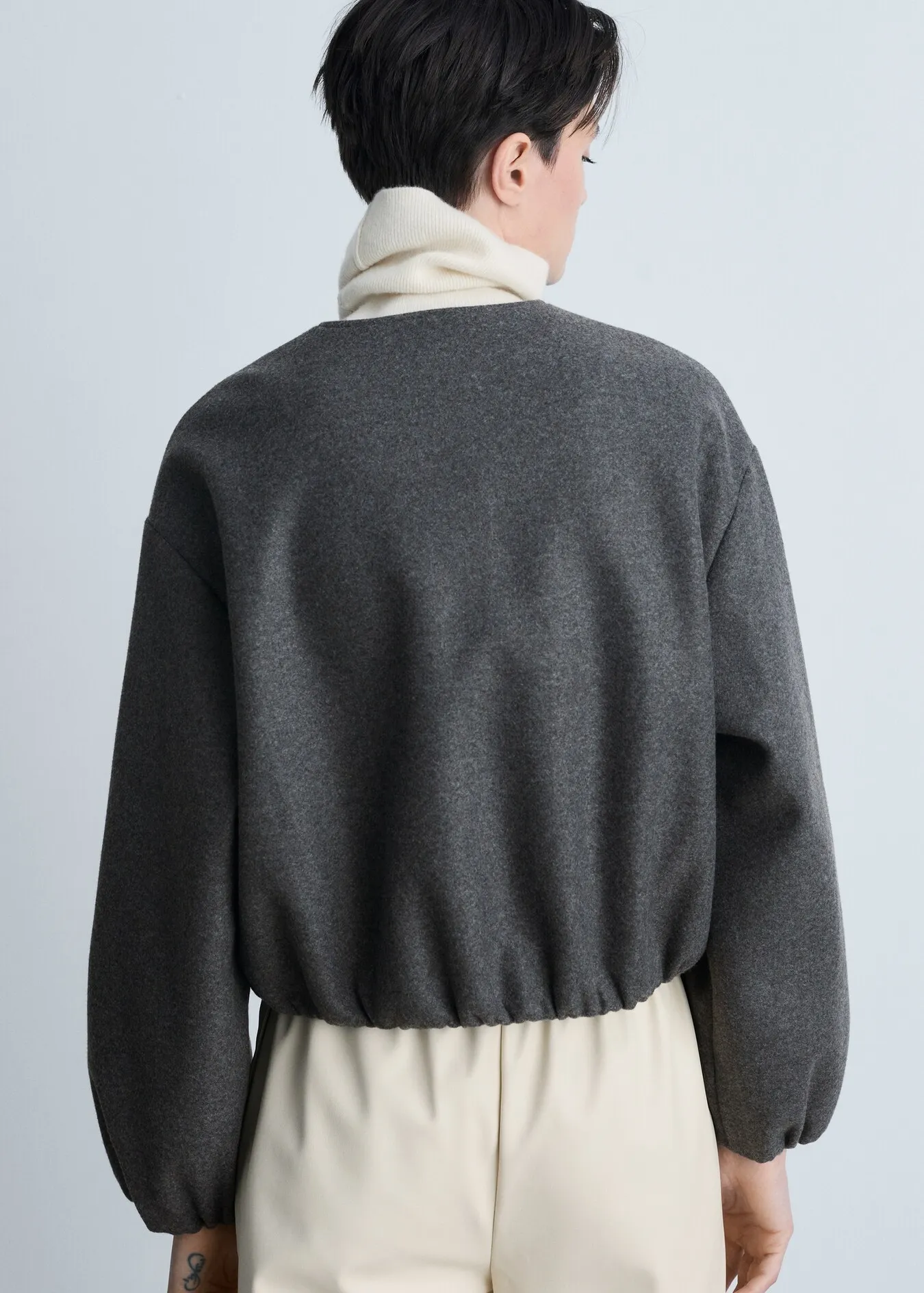 Minimalist Dark Charcoal Grey Cropped Bomber Jacket with High Neck - Image 2