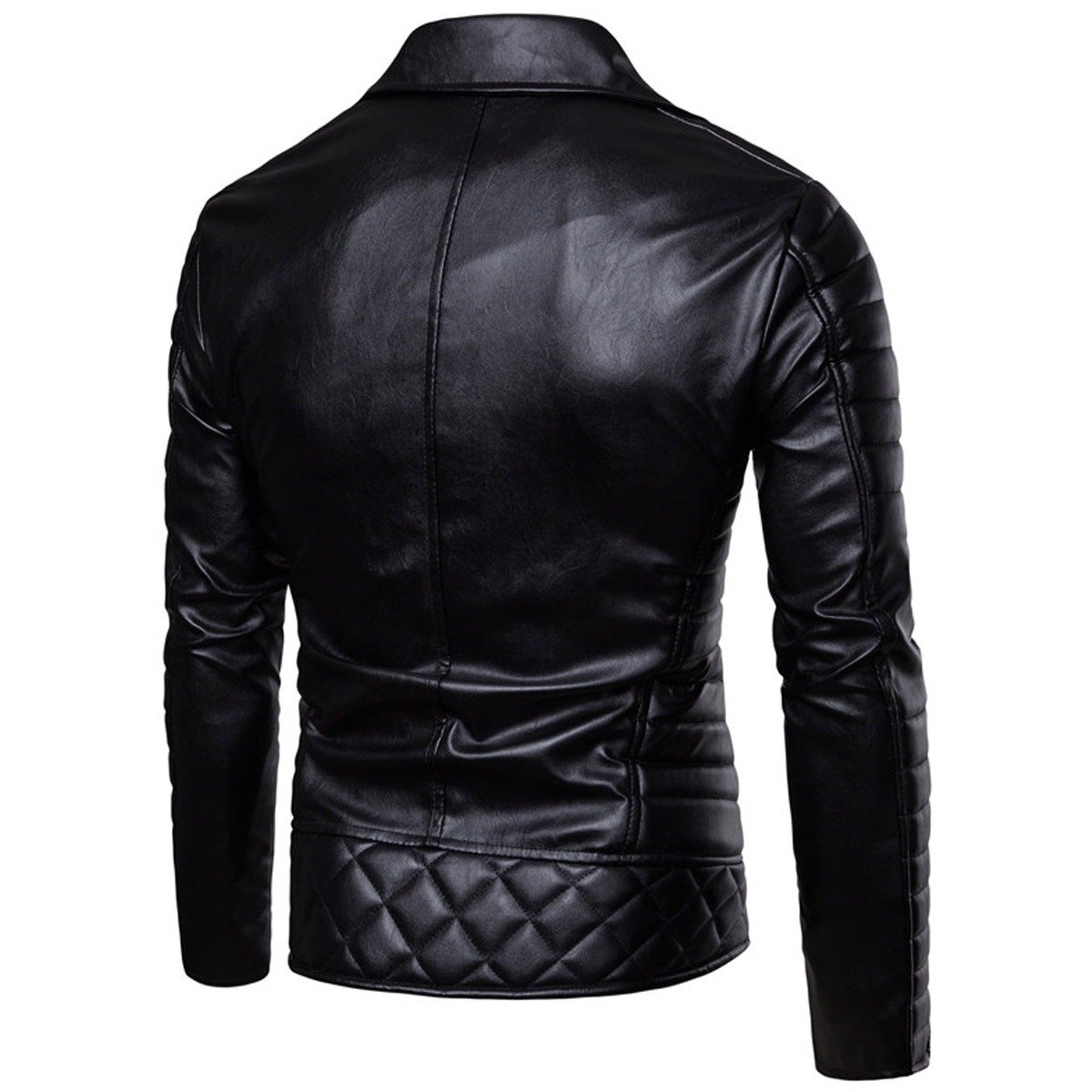 Tailored Fit Black Genuine Leather Moto Jacket with Quilted Arm Details - Image 3