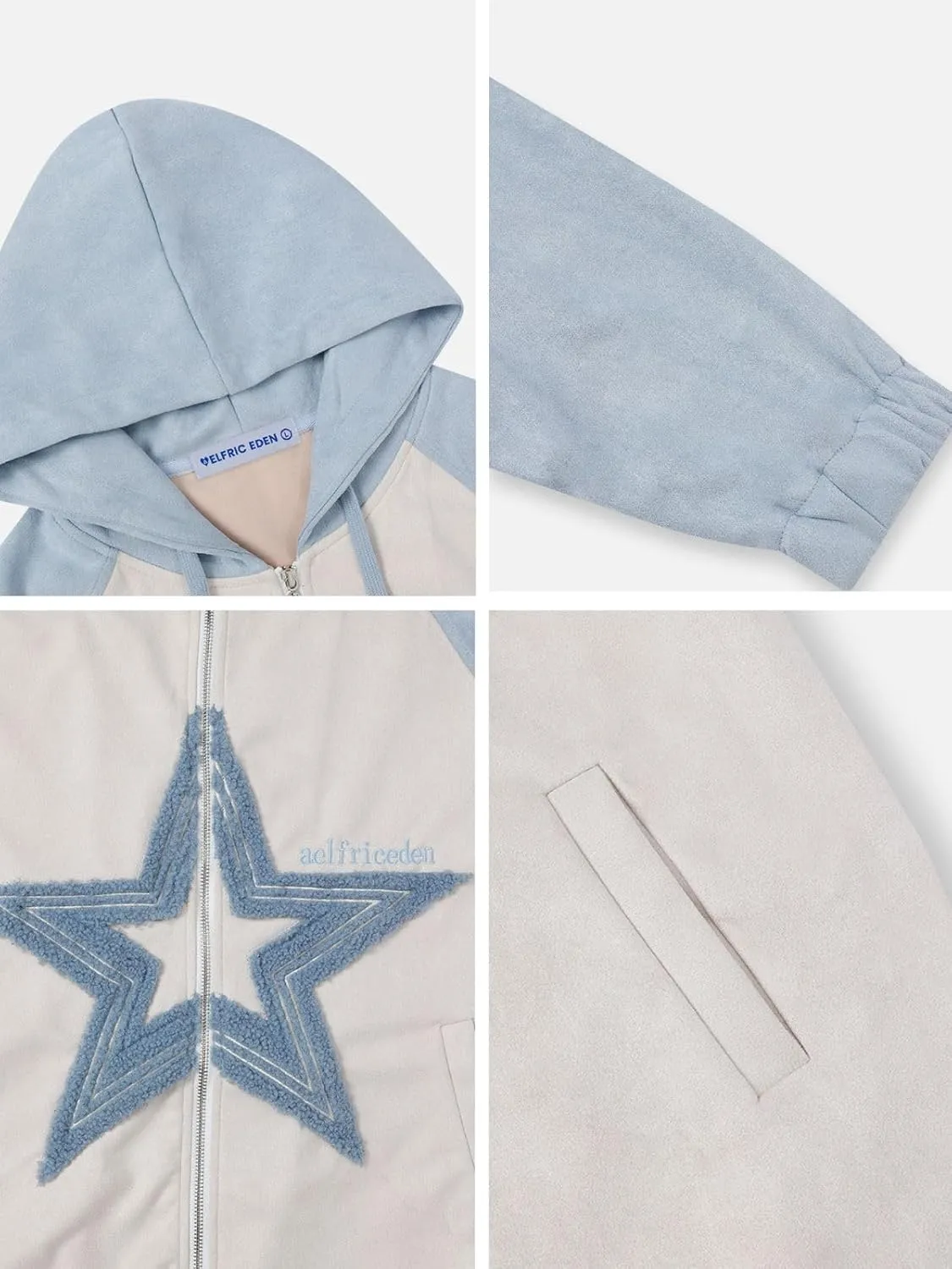 Pastel Blue Star Patchwork Zip-Up Hoodie – Oversized Streetwear Jacket - Image 3