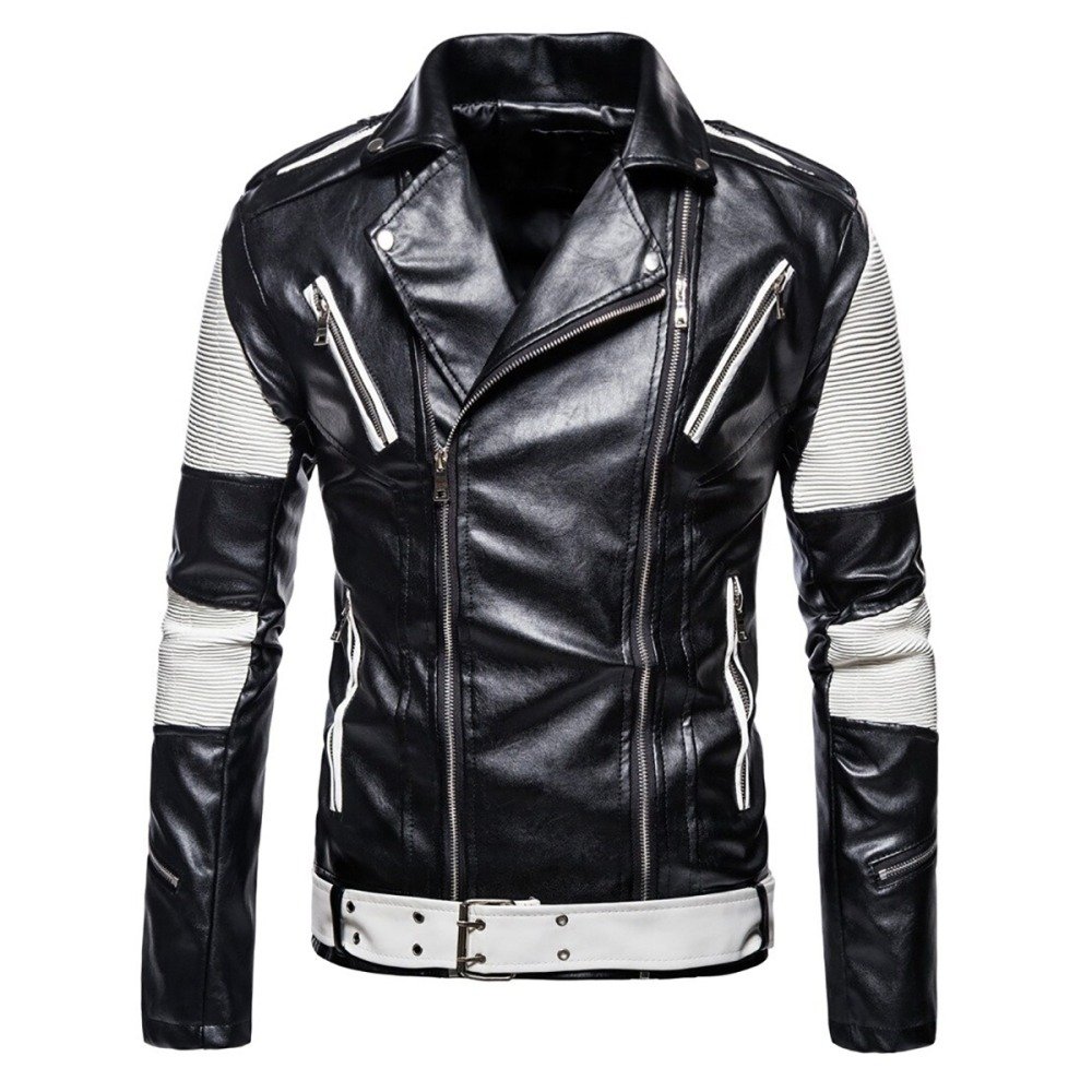 High-Contrast Black Moto Racer Jacket with White Quilted Stripes and Belt Detail