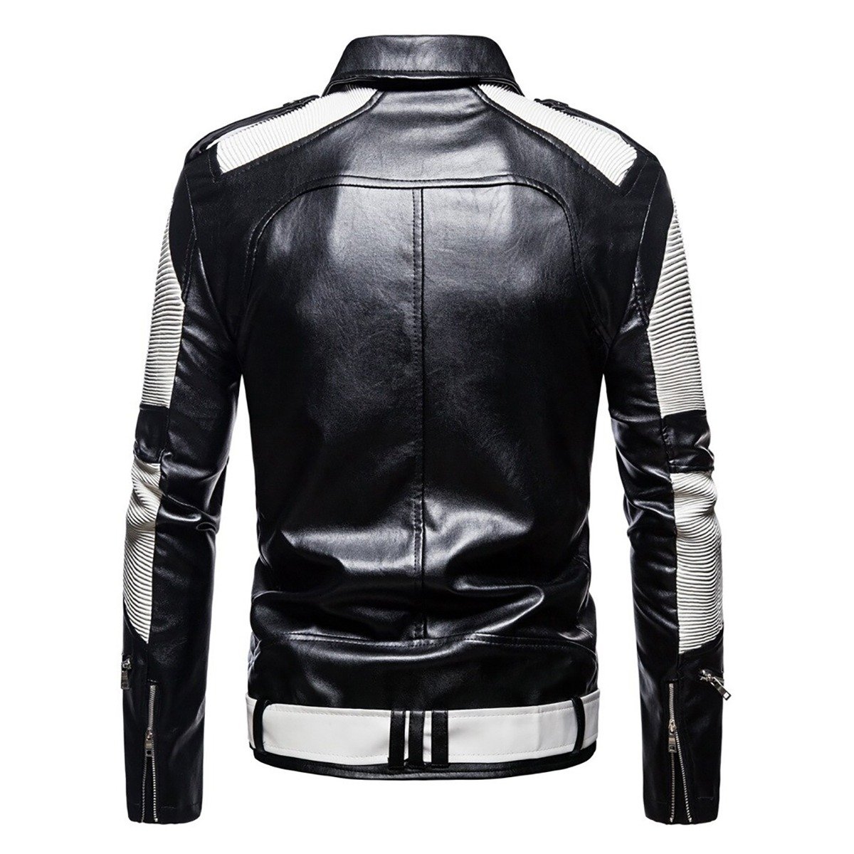 High-Contrast Black Moto Racer Jacket with White Quilted Stripes and Belt Detail - Image 2