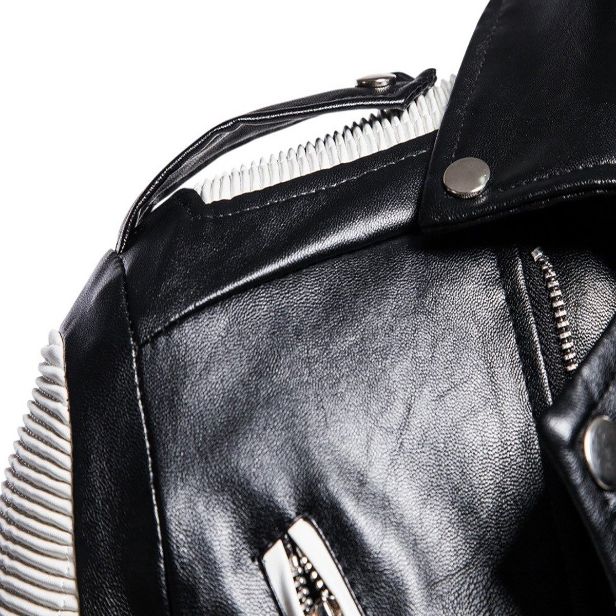 High-Contrast Black Moto Racer Jacket with White Quilted Stripes and Belt Detail - Image 3