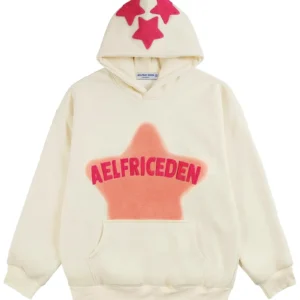 Oversized Cream Pullover Hoodie – Contrast Pink Star Appliqué